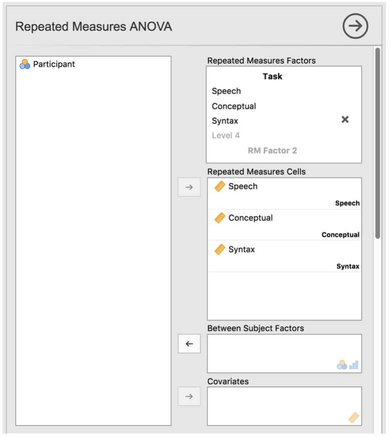 Repeated measures ANOVA dialogue box in jamovi