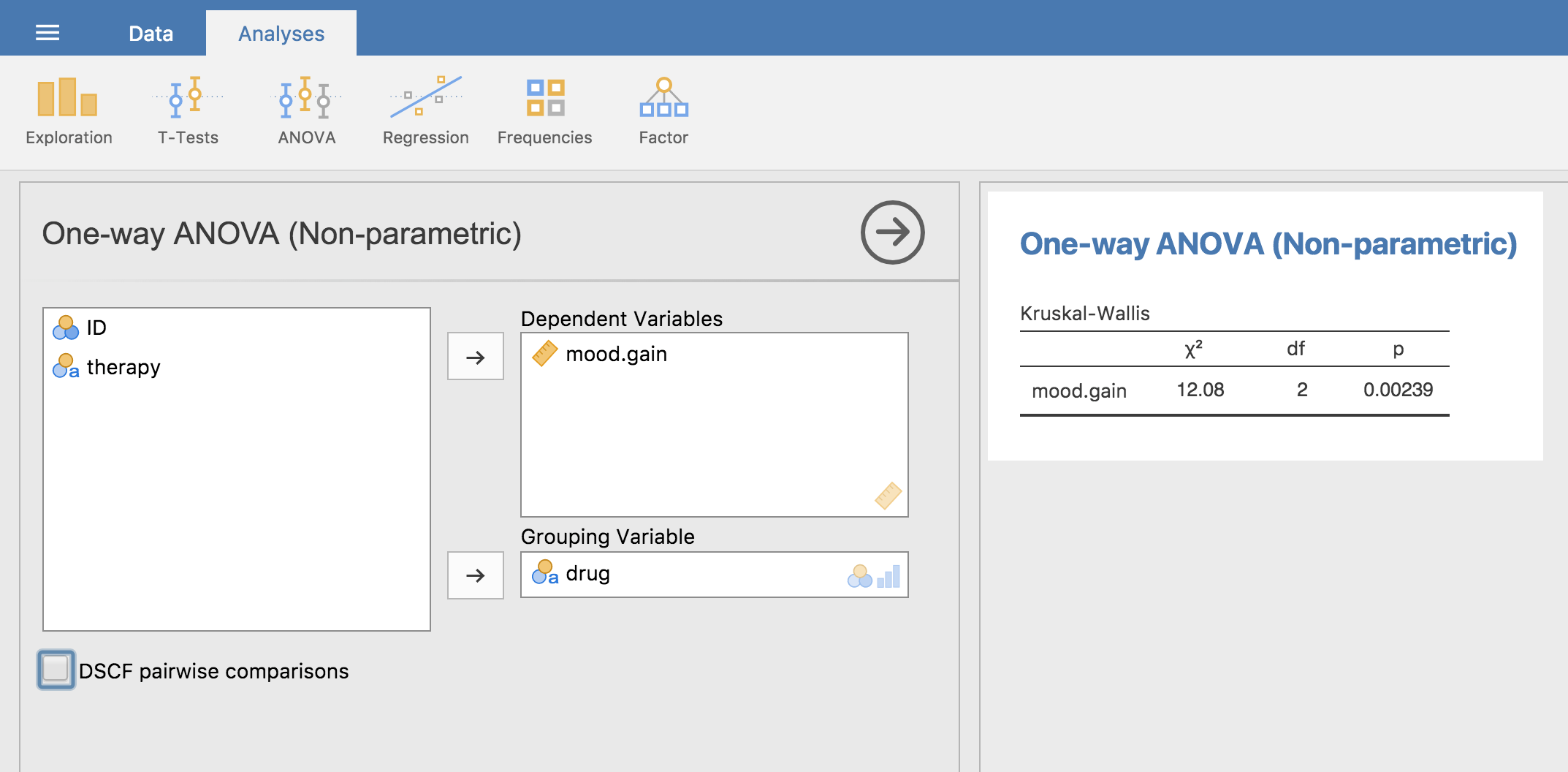 Kruskall-Wallis one-way non-parametric ANOVA in jamovi.