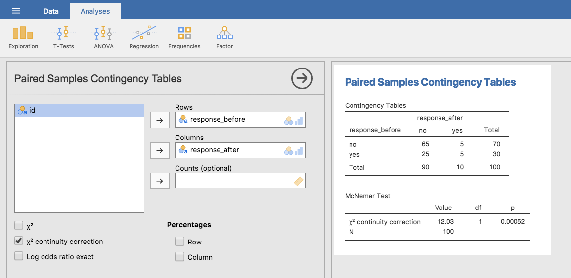 TMcNemar test output in jamovi