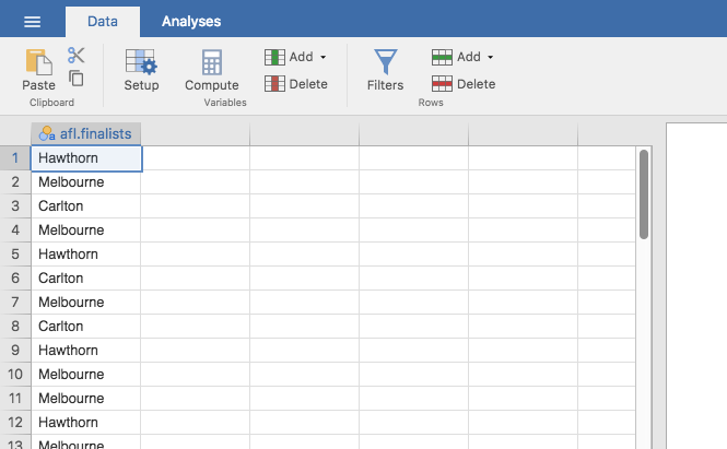 A screenshot of jamovi showing the variables stored in the **`aflsmall_finalists.csv`** file