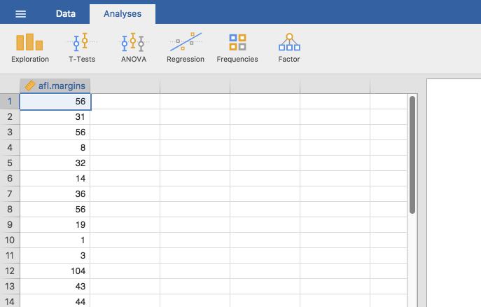 A screenshot of jamovi showing the variables stored in the **`aflsmall_margins.csv`** file