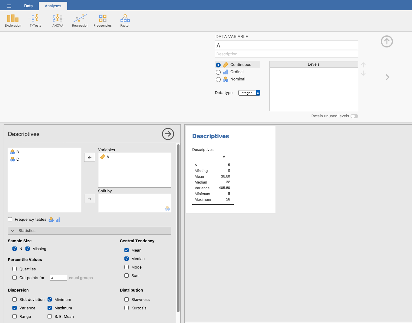 A screenshot of jamovi showing the Variance for the first 5 values of the **`afl.margins`** variable