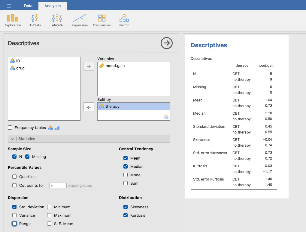 A screenshot of jamovi showing Descriptives split by therapy type