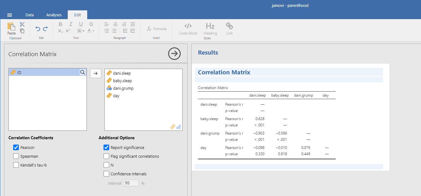 A jamovi screenshot showing correlations between variables in the **`parenthood.csv`** file