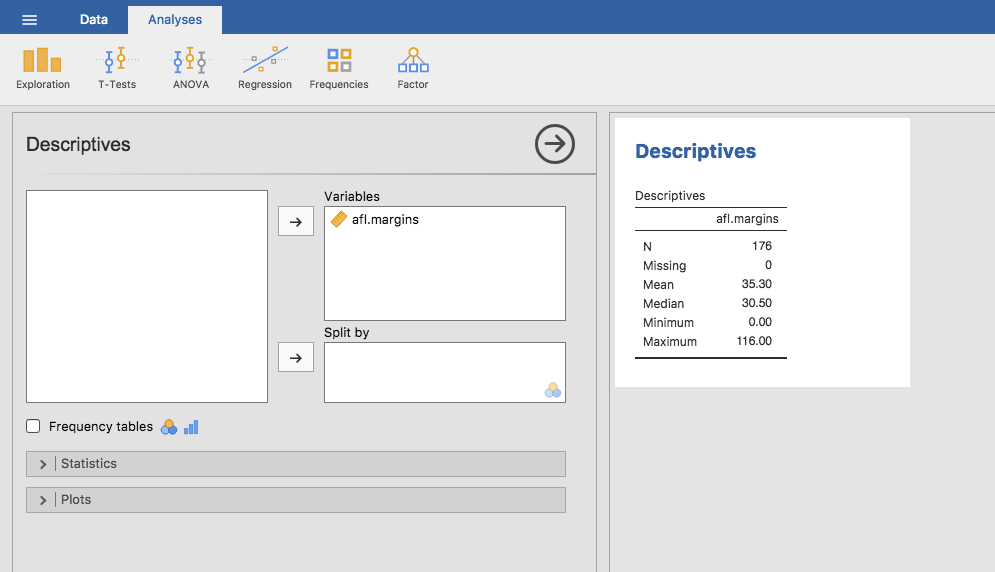 Default descriptives for the AFL 2010 winning margin data (the **`afl.margins`** variable).