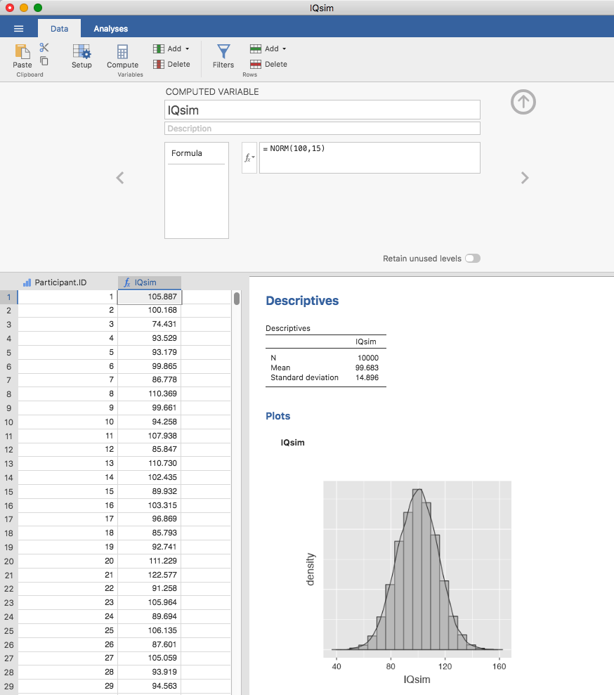 A random sample drawn from a normal distribution using jamovi