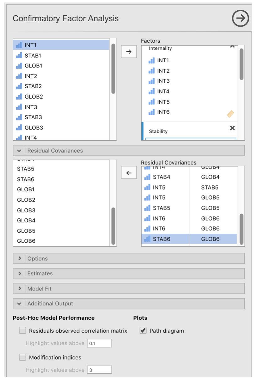 The jamovi CFA analysis window