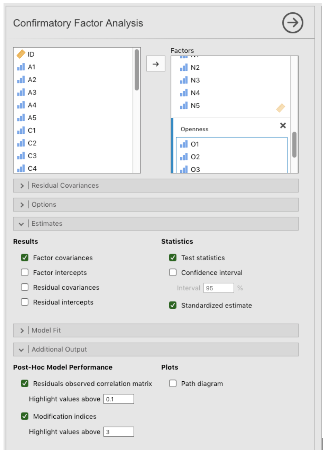 The jamovi CFA analysis window