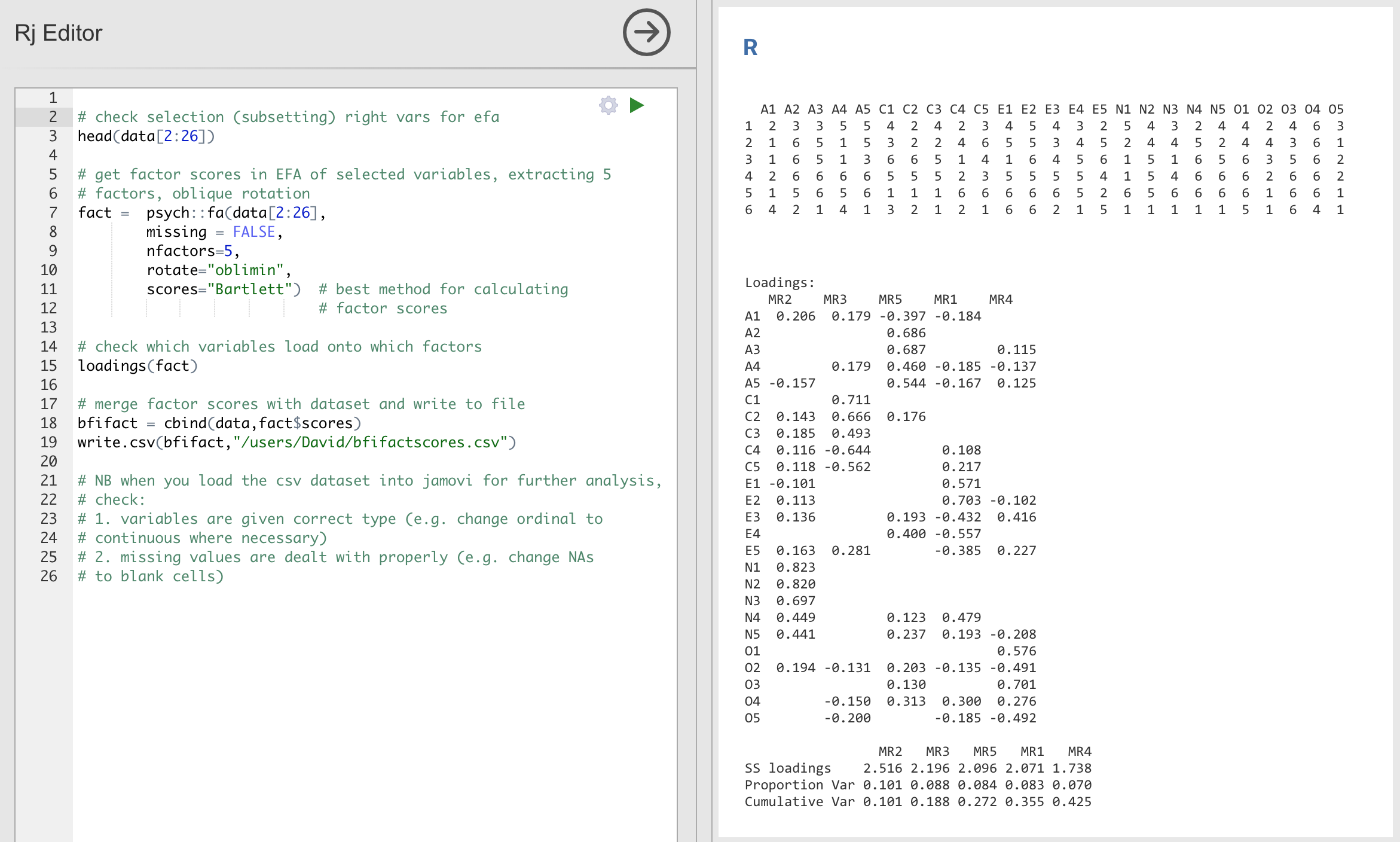`Rj` editor commands for creating optimally weighted factor scores for the five factor solution