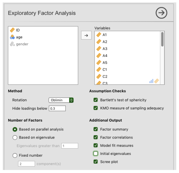 The jamovi EFA analysis window