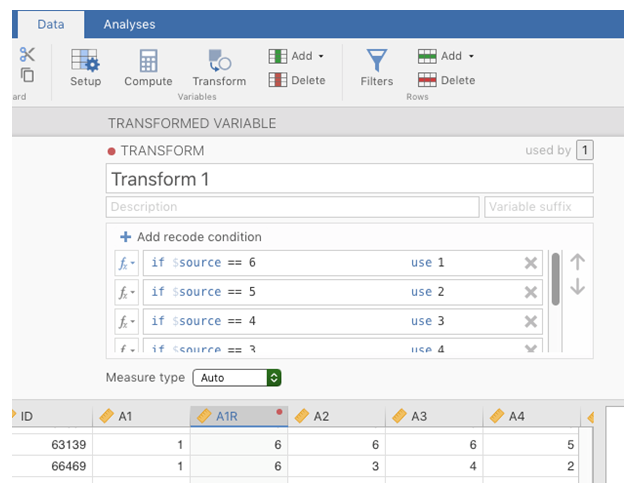 Recode variable using the jamovi Transform command