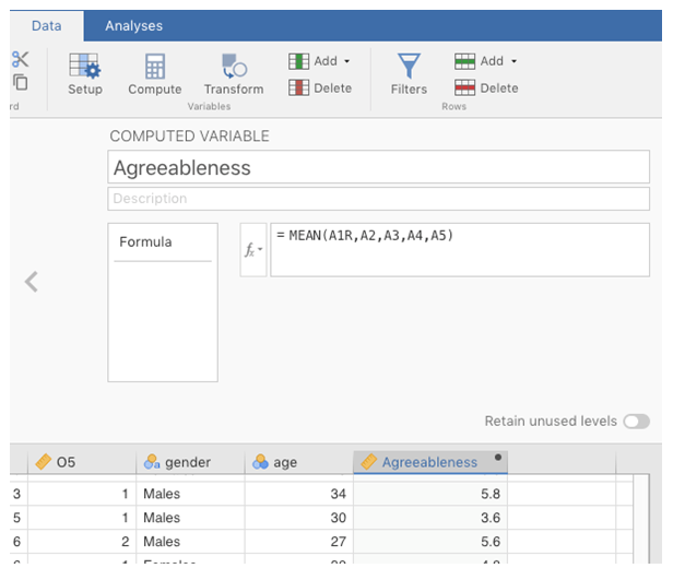 Compute new scale score variable using the jamovi Computed variable command