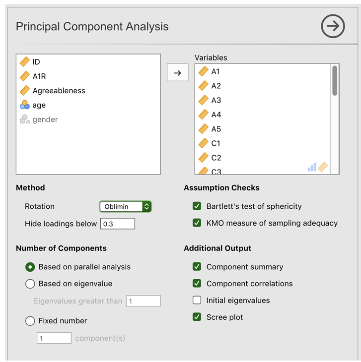The jamovi PCA analysis window