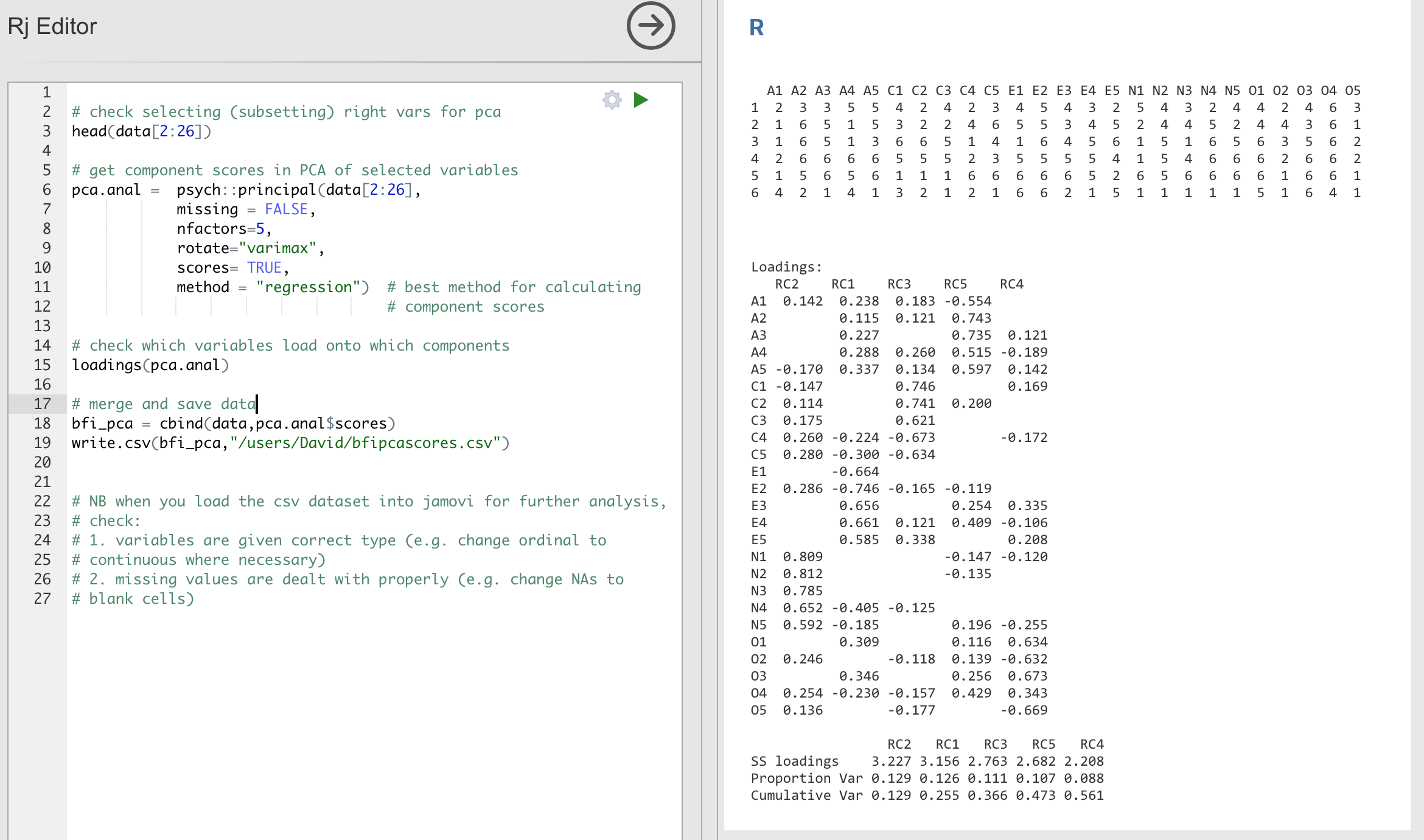 `Rj` editor commands for creating optimally weighted component scores for the five component solution