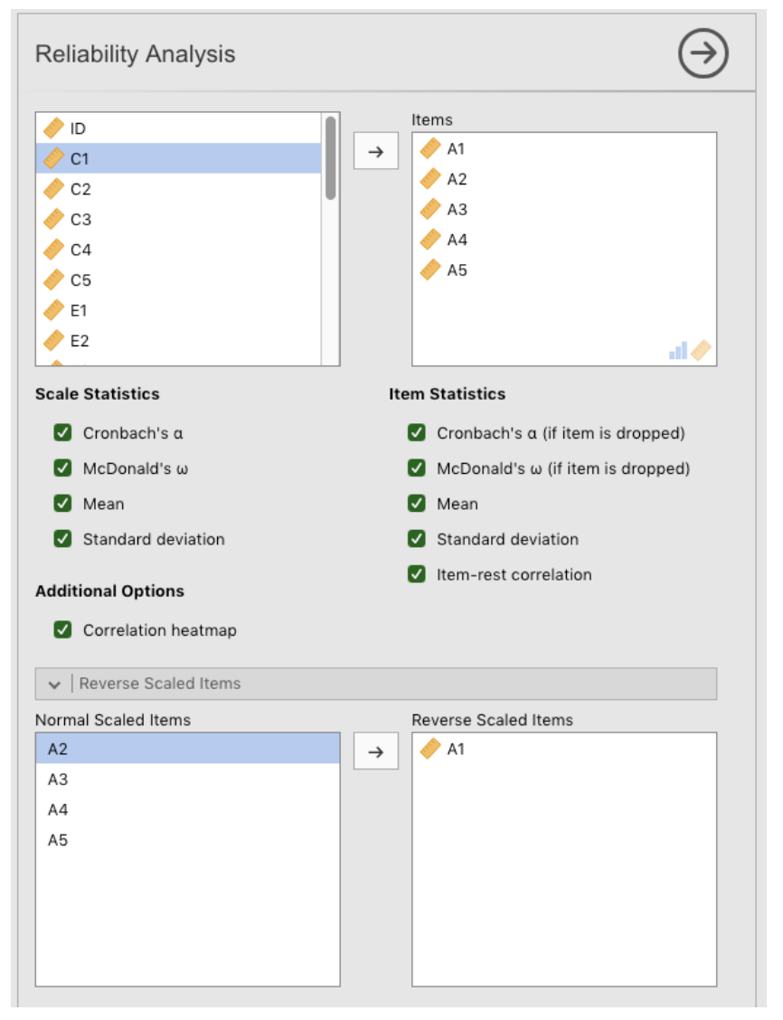 The jamovi Reliability Analysis window