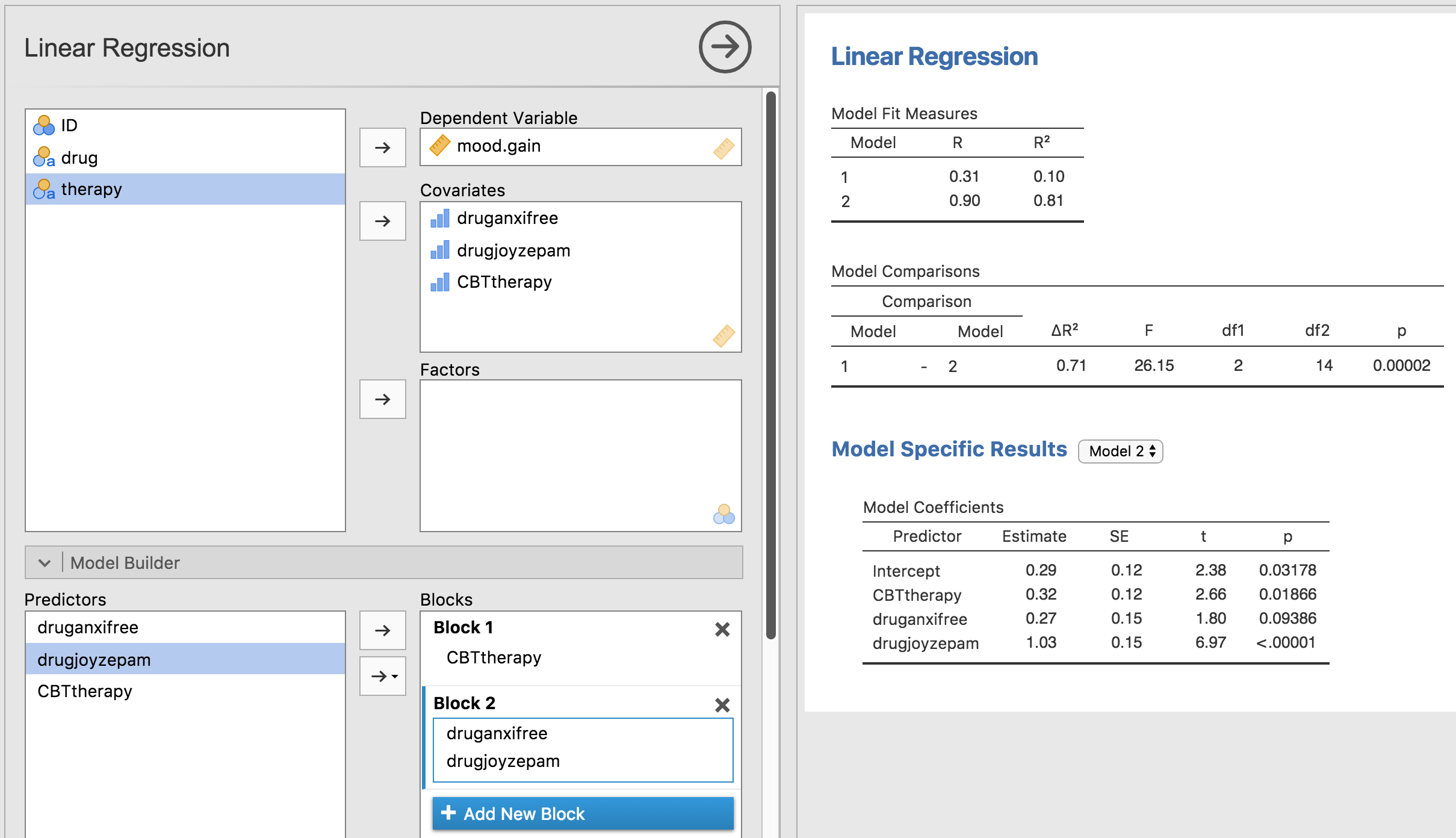 Model comparison in jamovi regression, null model 1 vs. contrasts model 2