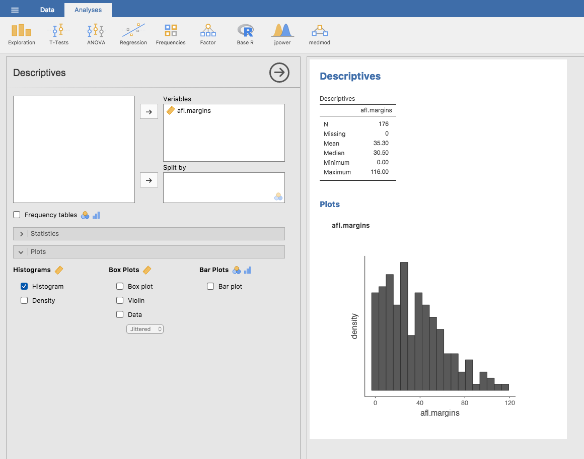 jamovi screen showing the histogram check box