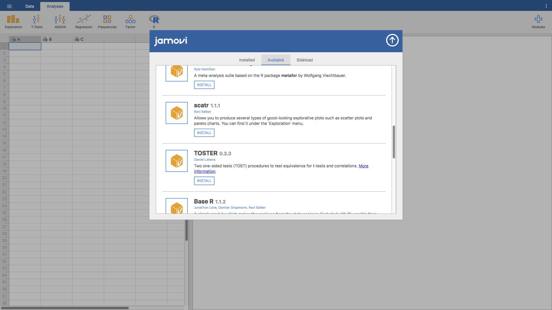 Installing add-on modules in jamovi