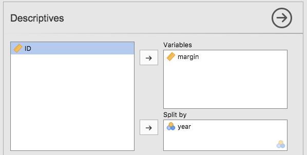 jamovi screen shot showing the 'Split by' window