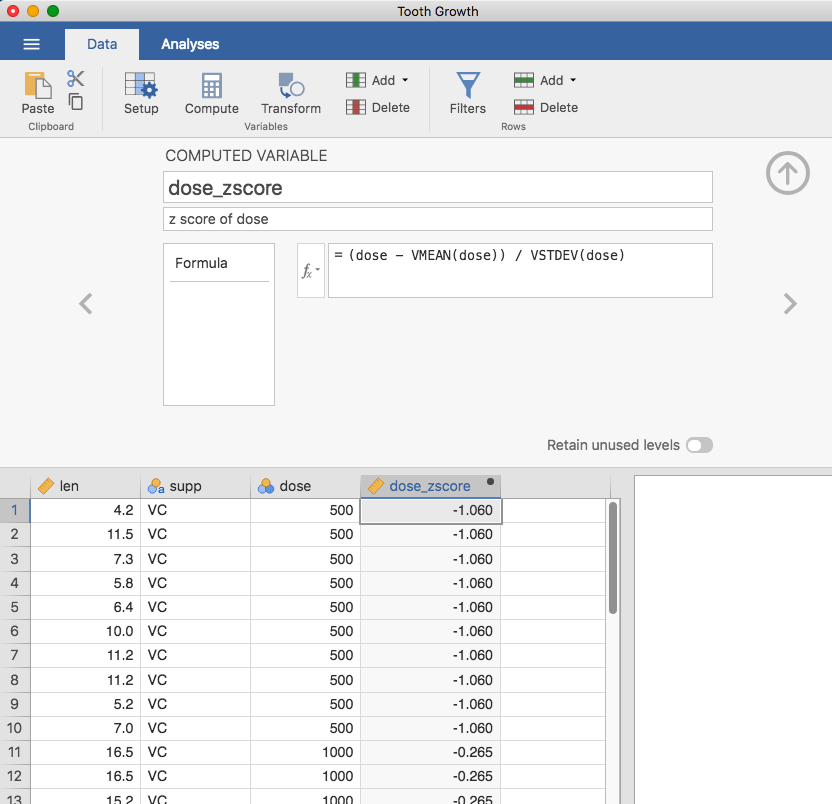 A newly computed variable, the z-score of ‘dose’