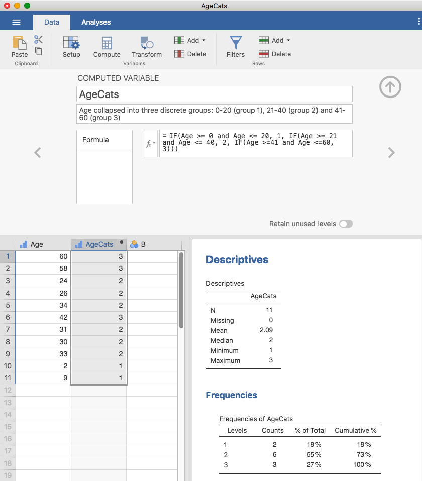 Collapsing a variable into a smaller number of discrete levels using the jamovi 'IF' function