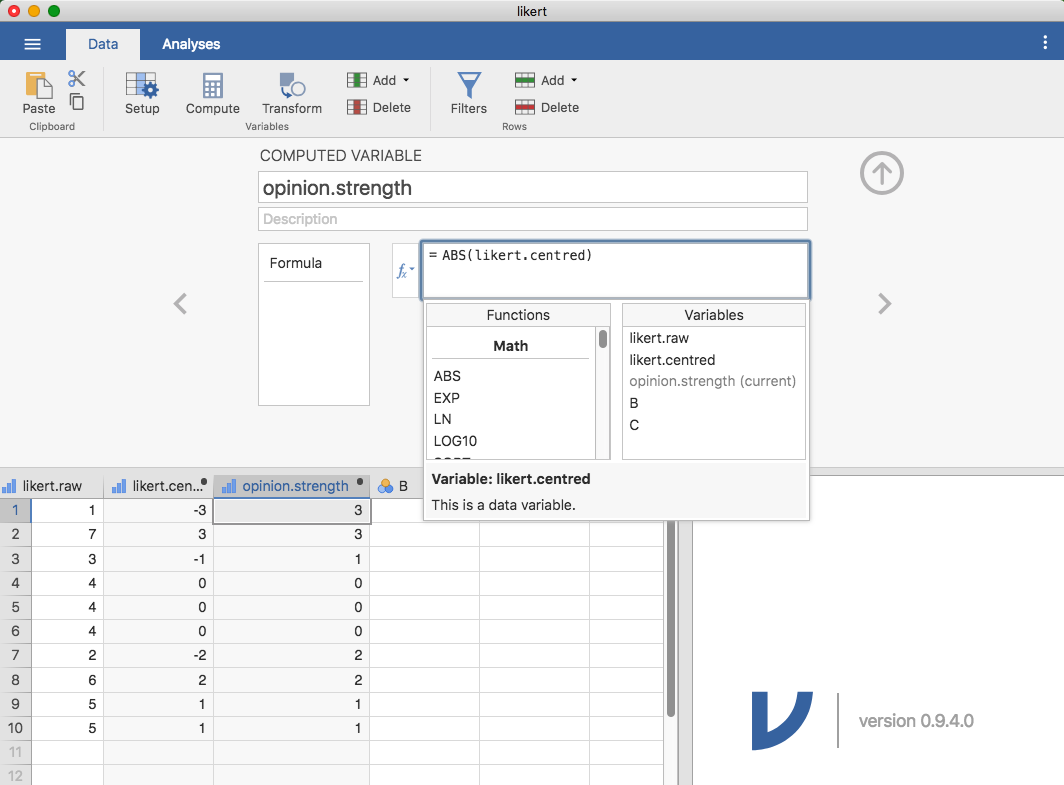 Using the *$f$~x~* button to select functions and variables