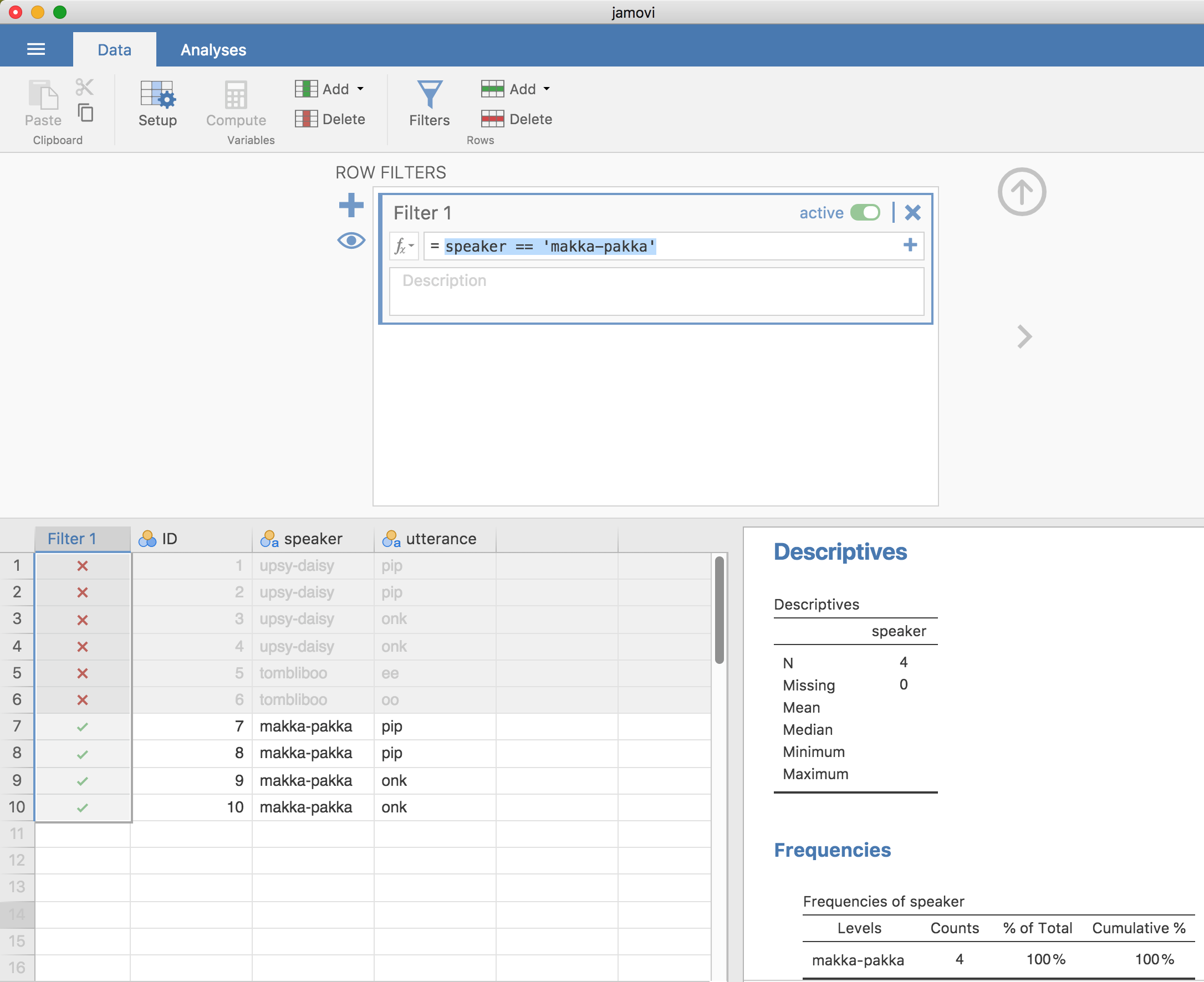 Creating a subset of the `nightgarden` data using the jamovi 'Filters' option