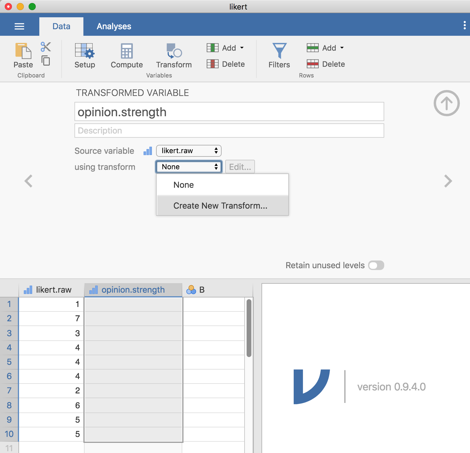 Creating a new variable transformation using the jamovi 'Transform' command