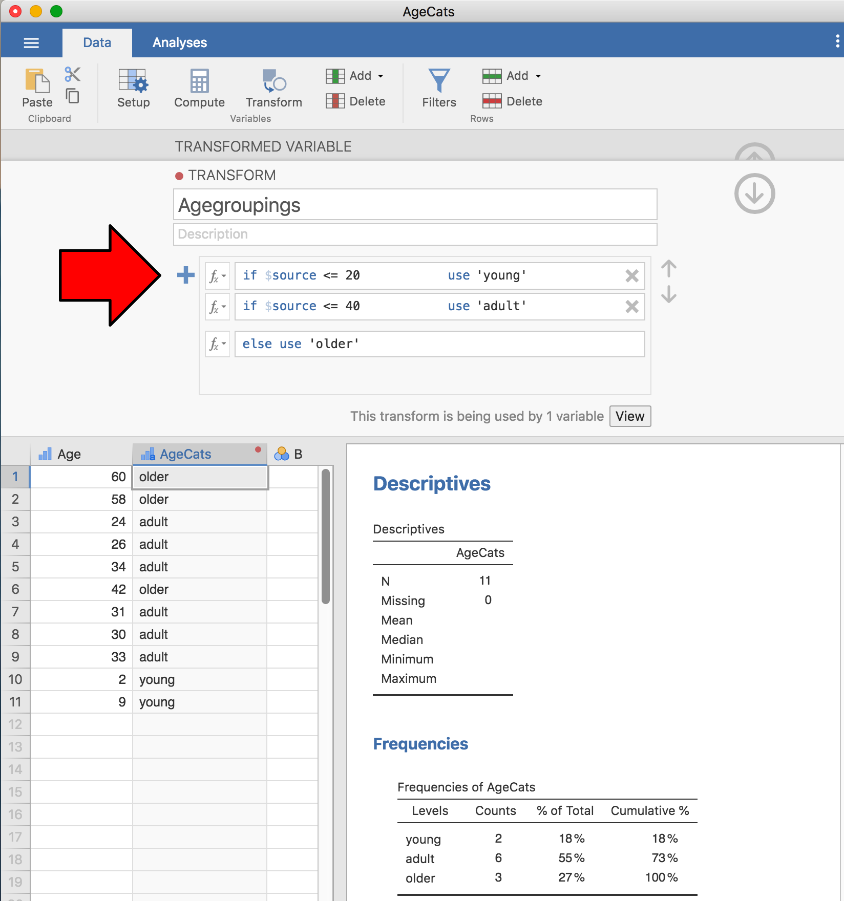 jamovi transformation into three age categories, using the 'Add condition' button