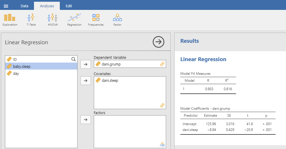 A jamovi screenshot showing a simple linear regression analysis.