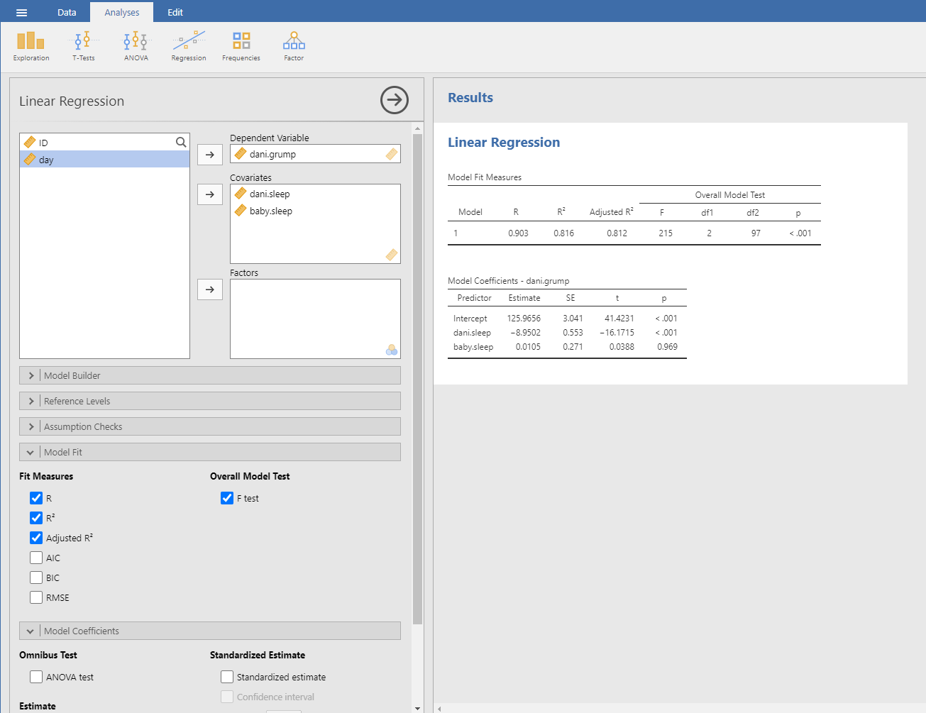 A jamovi screenshot showing a multiple linear regression analysis, with some useful options checked.