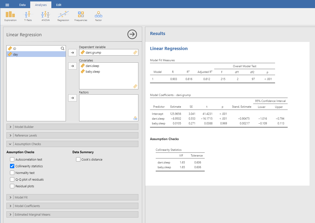 Collinearity statistics for multiple regression, produced in jamovi