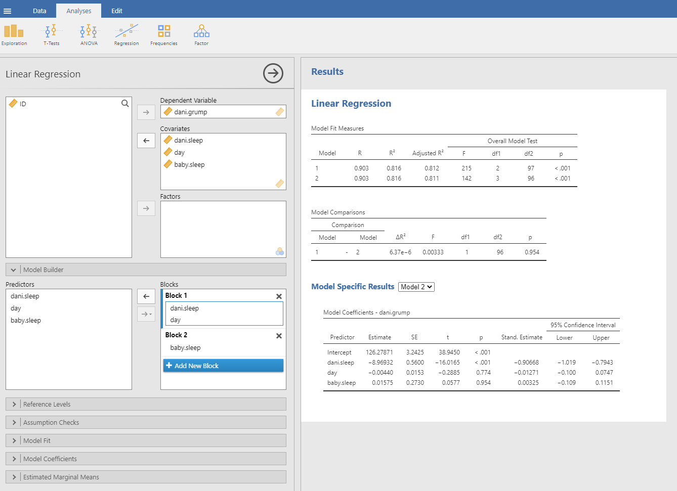 Model comparison in jamovi using the 'Model Builder' option