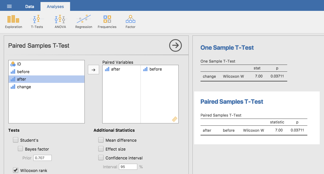 jamovi screen showing results for one sample and paired sample Wilcoxon non-parametric tests